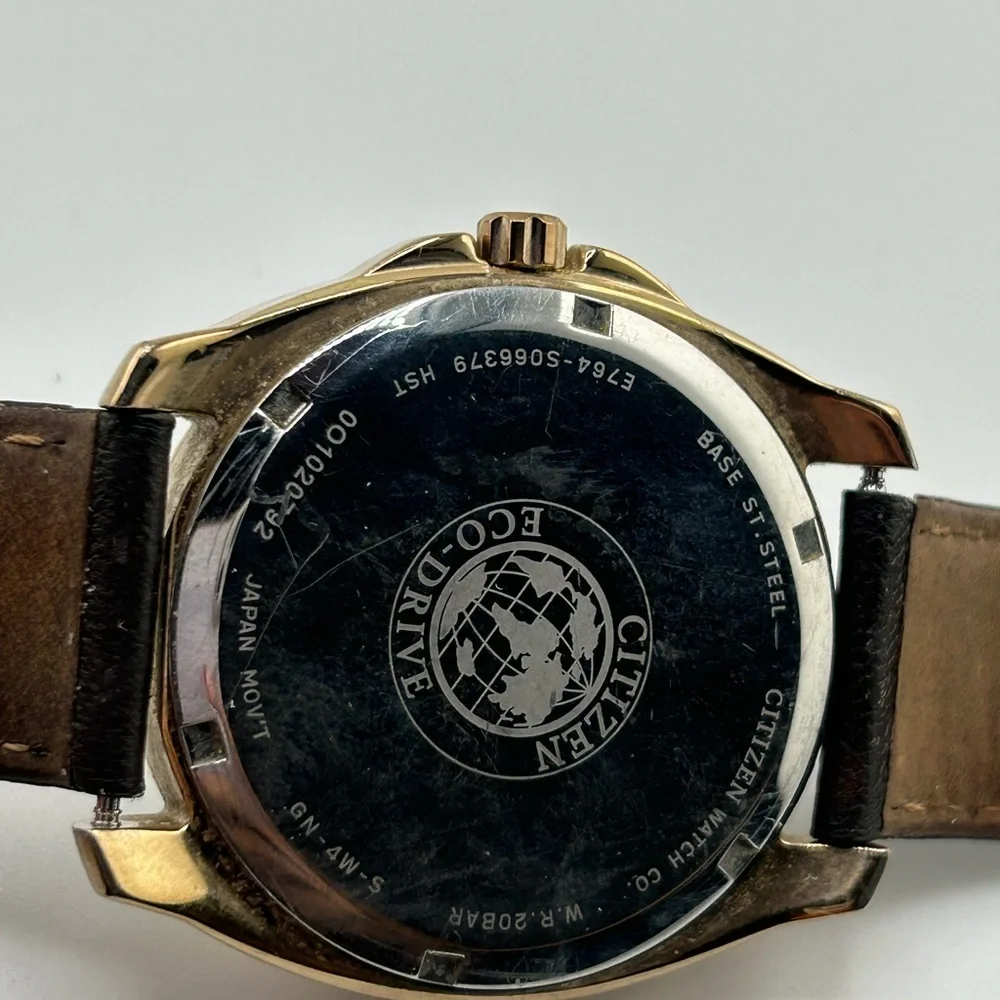 Citizen Eco-Drive Gold and Brown leather white dial Watch #593